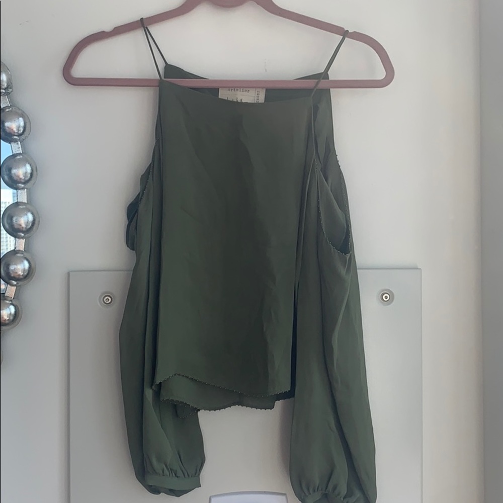 Olive green silk open shoulder top